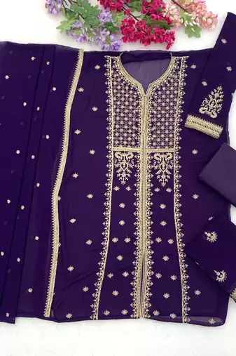 Violet georgette semi stitched suit with embroidery & sequence work
