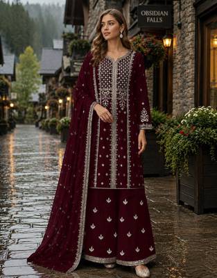 Maroon georgette semi stitched suit with embroidery & sequence work 1