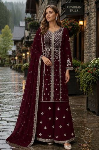 Maroon georgette semi stitched suit with embroidery & sequence work
