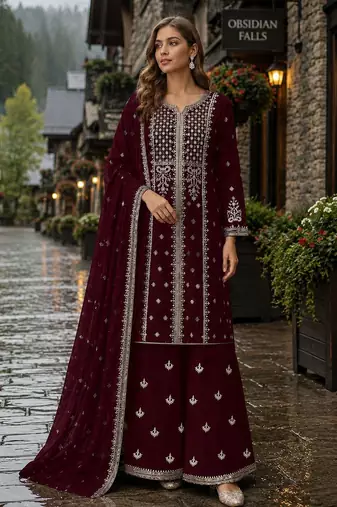 Maroon georgette semi stitched suit with embroidery & sequence work