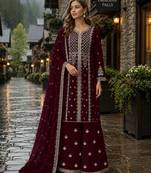 Maroon georgette semi stitched suit with embroidery & sequence work