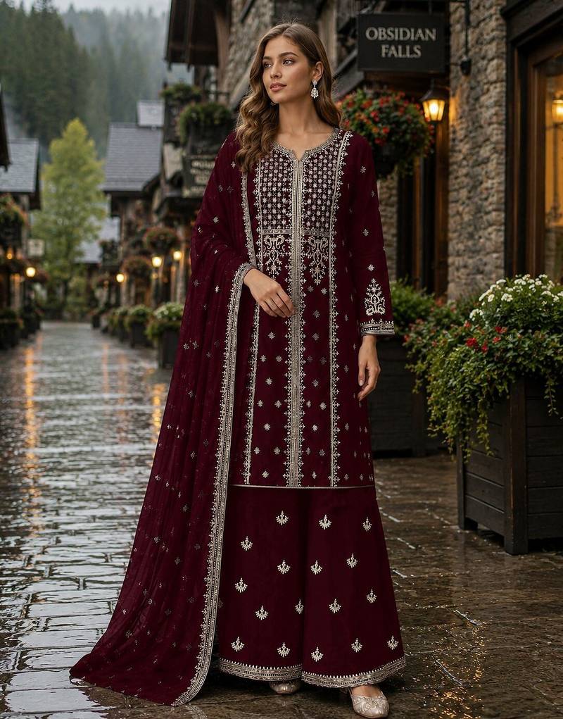 Maroon georgette semi stitched suit with embroidery & sequence work
