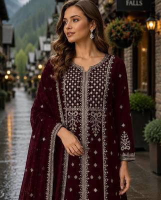 Maroon georgette semi stitched suit with embroidery & sequence work 2