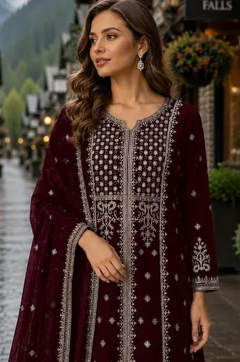 Maroon georgette semi stitched suit with embroidery & sequence work