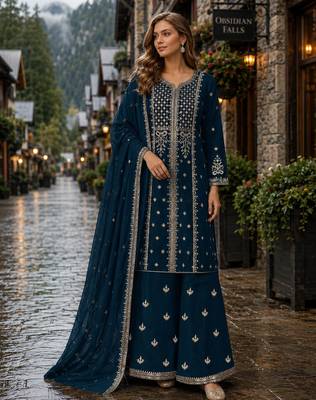 Navy georgette semi stitched suit with embroidery & sequence work 1