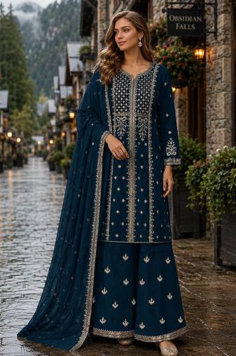 Navy georgette semi stitched suit with embroidery & sequence work