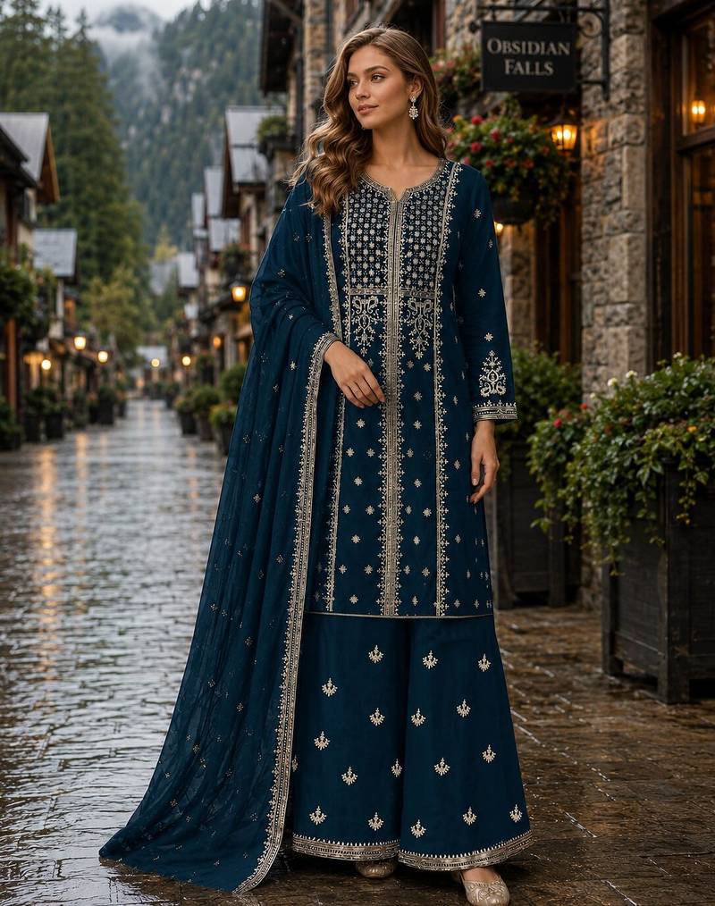 Navy georgette semi stitched suit with embroidery & sequence work