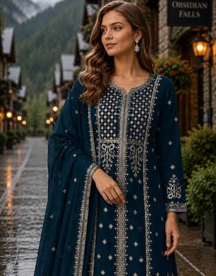 Navy georgette semi stitched suit with embroidery & sequence work 2