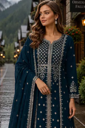 Navy georgette semi stitched suit with embroidery & sequence work