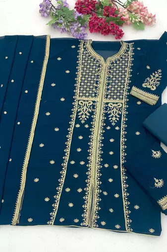 Navy georgette semi stitched suit with embroidery & sequence work