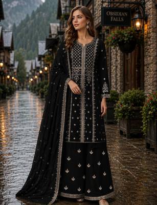 Black georgette semi stitched suit with embroidery & sequence work 1