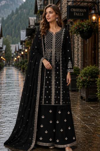 Black georgette semi stitched suit with embroidery & sequence work