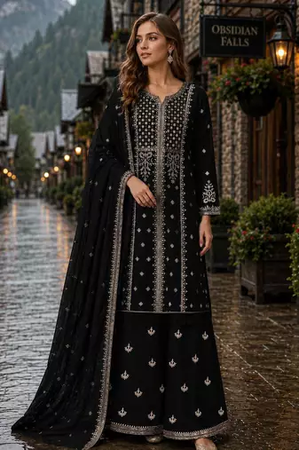 Black georgette semi stitched suit with embroidery & sequence work