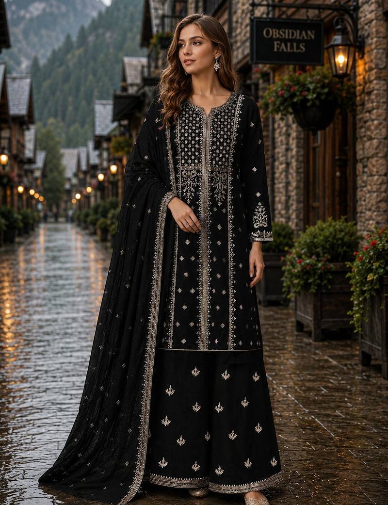 Black georgette semi stitched suit with embroidery & sequence work