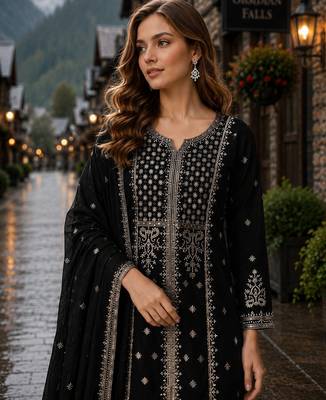 Black georgette semi stitched suit with embroidery & sequence work 2