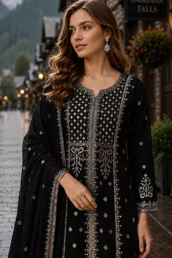 Black georgette semi stitched suit with embroidery & sequence work