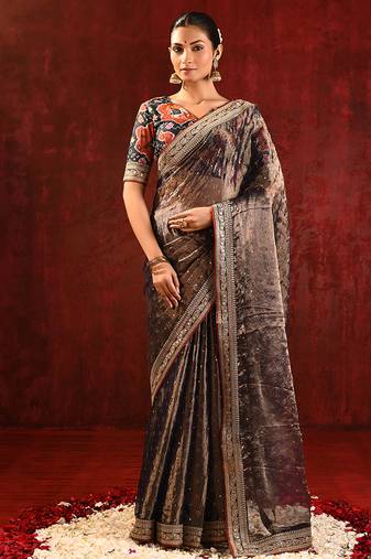 Earthy brown foil printed tissue saree set