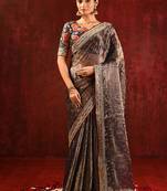 Earthy brown foil printed tissue saree set