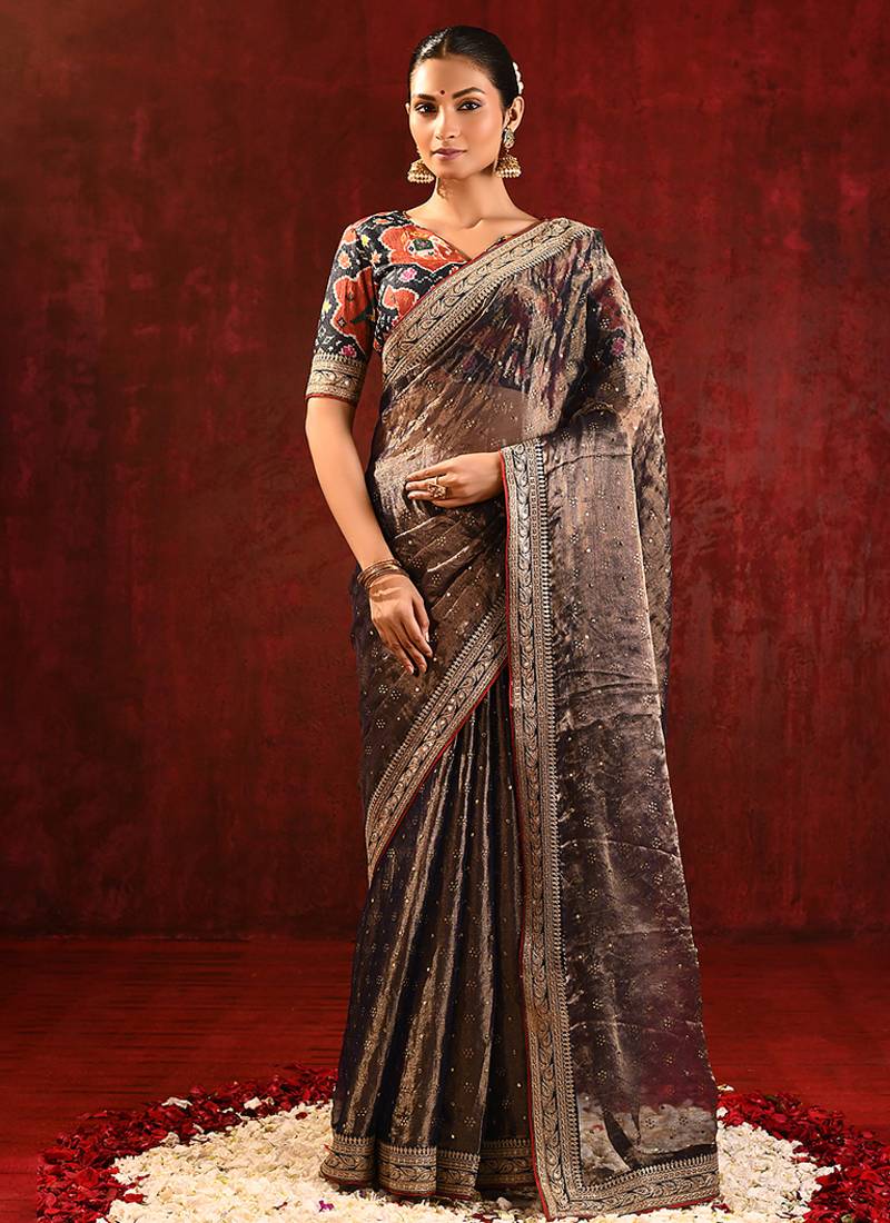 Earthy brown foil printed tissue saree set
