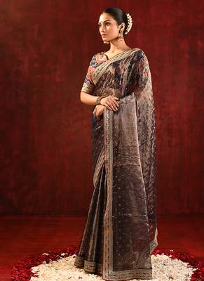 Earthy brown foil printed tissue saree set 2