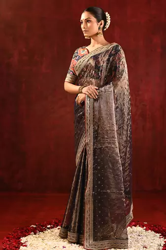 Earthy brown foil printed tissue saree set