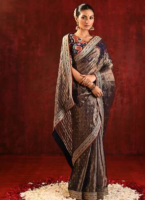 Earthy brown foil printed tissue saree set 3