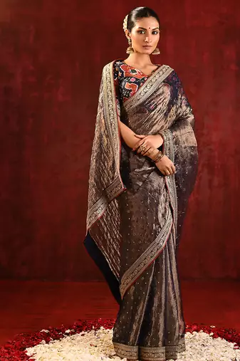 Earthy brown foil printed tissue saree set