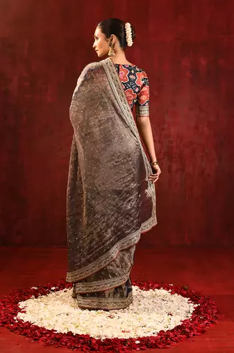 Earthy brown foil printed tissue saree set