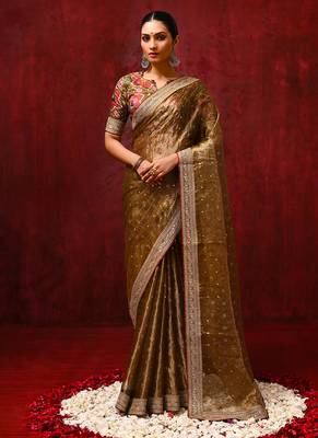 Dark olive green foil printed tissue saree set 1