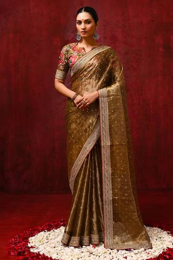 Dark olive green foil printed tissue saree set