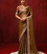 Dark olive green foil printed tissue saree set