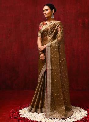 Dark olive green foil printed tissue saree set 2