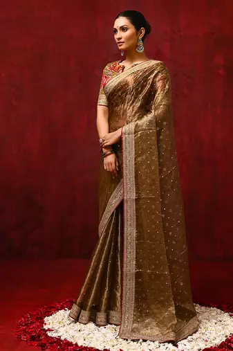 Dark olive green foil printed tissue saree set