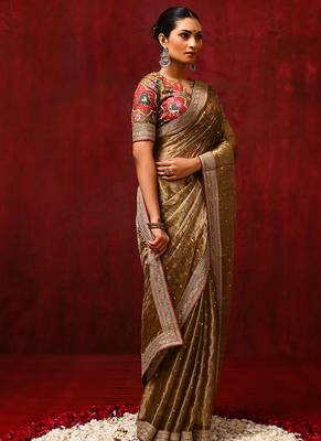 Dark olive green foil printed tissue saree set 3