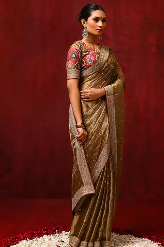 Dark olive green foil printed tissue saree set