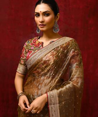 Dark olive green foil printed tissue saree set 4
