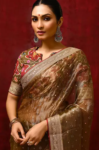 Dark olive green foil printed tissue saree set