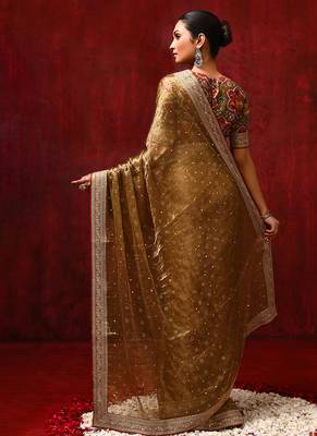 Dark olive green foil printed tissue saree set 5