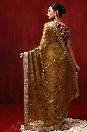 Dark olive green foil printed tissue saree set