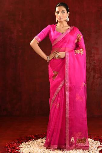 Magenta pink embroidered organza saree set