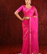 Magenta pink embroidered organza saree set