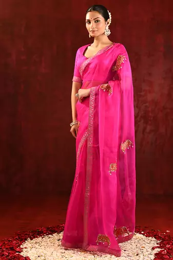 Magenta pink embroidered organza saree set