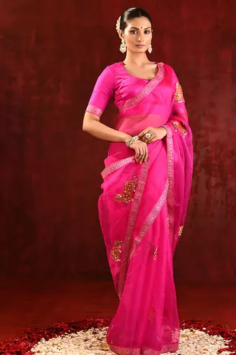 Magenta pink embroidered organza saree set