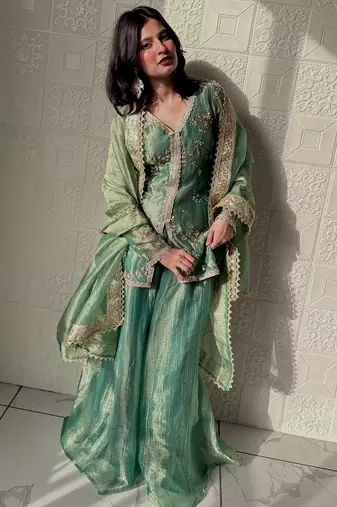 Sea green fendi silk blend embroidered palazzo suit
