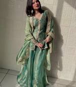 Sea green fendi silk blend embroidered palazzo suit