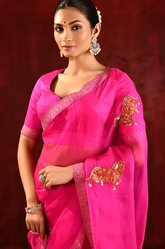Magenta pink embroidered organza saree set