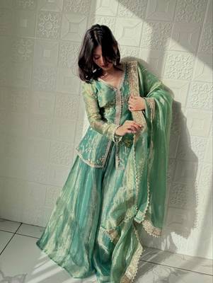 Sea green fendi silk blend embroidered palazzo suit 2