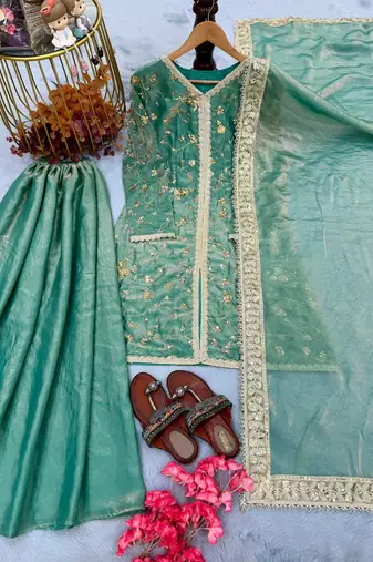 Sea green fendi silk blend embroidered palazzo suit