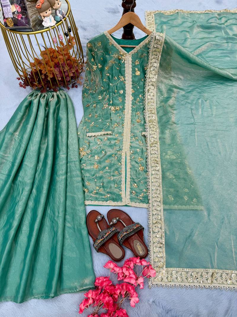 Sea green fendi silk blend embroidered palazzo suit