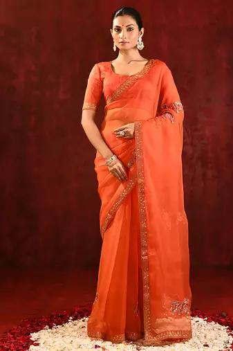 Bright orange embroidered organza saree set